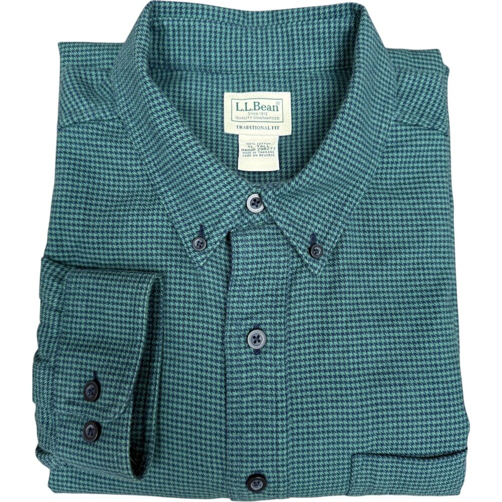EUC Men's L.L. BEAN Green/Navy Houndstooth Long Sleeve Shirt |‎ Size XLT
